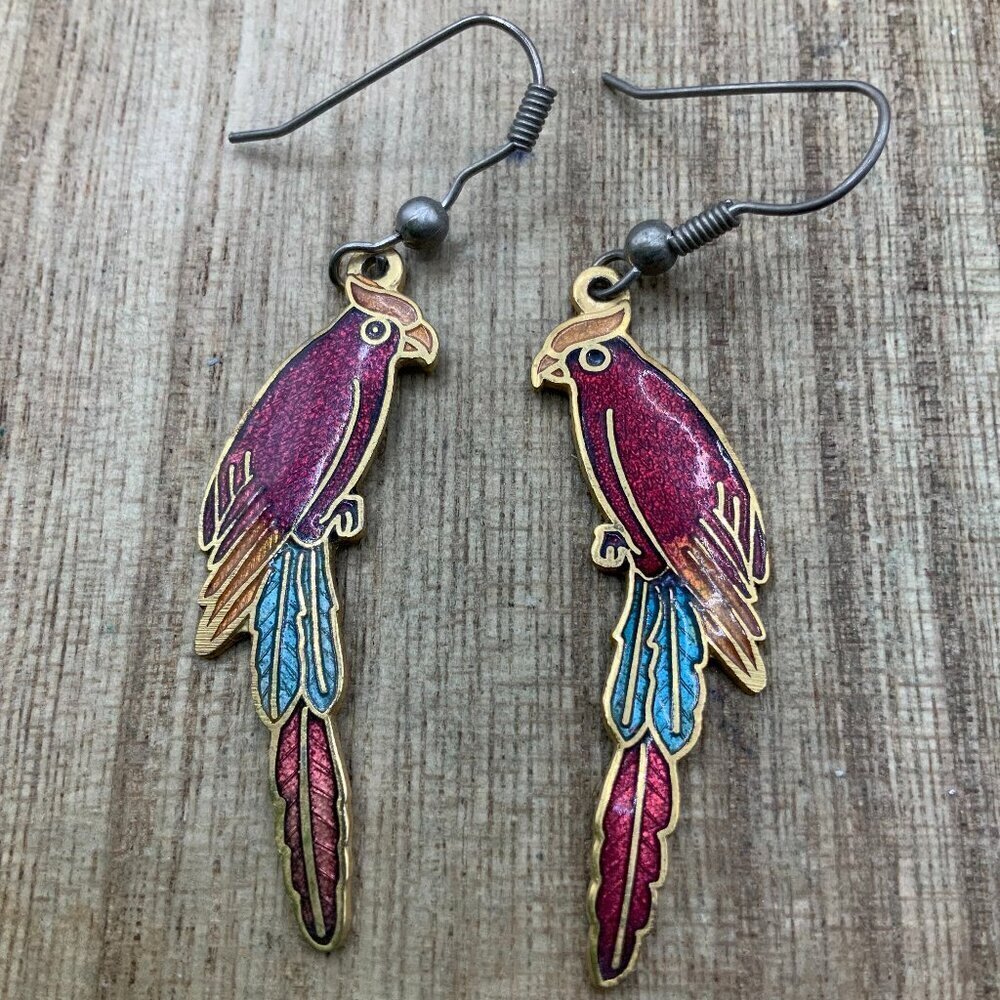 Cloisonne Parrot Vintage Multi Colored Gold Tone Dangling Earrings 24$